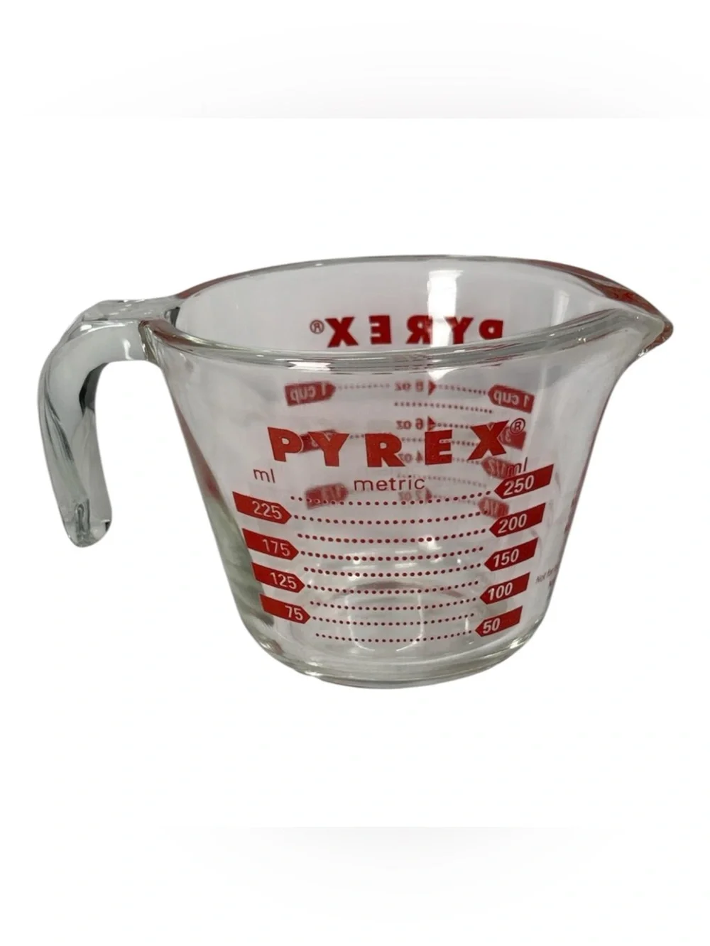 Vintage Pyrex Glass Measuring Cup Red Lettering Open J Handle 1 Cup 8 oz 250 ml